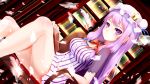  1girl book bookshelf breasts chair crescent dress feathers hat henet_hene large_breasts long_hair looking_at_viewer open_clothes open_coat patchouli_knowledge purple_dress purple_hair reading sitting solo striped striped_dress touhou very_long_hair violet_eyes 