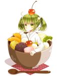  1girl blush bowl cherry food fruit green_eyes green_hair hair_bobbles hair_ornament highres kanako_(hiroko) kisume kiwifruit short_hair solo spoon touhou twintails 