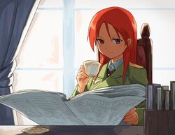  1girl book chair cup curtains military military_uniform minna-dietlinde_wilcke newspaper plate red_eyes redhead shiba_murashouji sitting solo strike_witches teacup uniform window 