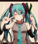  1girl detached_sleeves green_eyes green_hair grin hatsune_miku long_hair nail_polish necktie nora_usagi skirt smile solo spring_onion twintails v very_long_hair vocaloid wink 