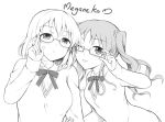  2girls glasses long_hair monochrome multiple_girls pcmaniac88 school_uniform short_hair wink 