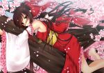  1girl bare_shoulders barefoot bow breasts brown_eyes brown_hair cherry_blossoms detached_sleeves dress hair_bow hair_tubes hakurei_reimu long_hair long_sleeves looking_at_viewer lying no_bra obi petals ponytail red_dress sash sideboob smile solo toshi_(1-147) touhou tree very_long_hair wide_sleeves 