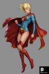  adapted_costume alien blonde_hair blue_eyes cape clenched_hand dc_comics full_body grey_background highres kryptonian leotard s_shield short_hair simple_background stanley_lau supergirl wind 