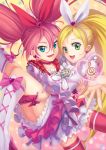  2girls blonde_hair blue_eyes bow brooch carrying choker cure_melody cure_rhythm frills green_eyes heart highres houjou_hibiki j jewelry long_hair looking_at_viewer magical_girl majicjiang midriff minamino_kanade multiple_girls pink_hair precure princess_carry revision ribbon smile suite_precure thigh-highs twintails 
