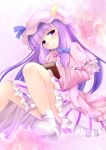  1girl blush book dress hat highres long_hair open_mouth patchouli_knowledge purple_hair shoes touhou violet_eyes 