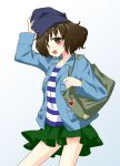  1girl akiyama_yukari bag blush casual girls_und_panzer hat hifumi_(vivian) highres jacket short_hair shoulder_bag smile solo 