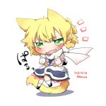  1girl animal_ears arm_warmers blonde_hair blush cat_ears cat_tail chibi extra_ears fang green_eyes kemonomimi_mode lowres mizuhashi_parsee open_mouth pointy_ears rebecca_(keinelove) scarf shirt short_hair simple_background skirt solo tail touhou white_background 