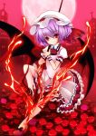  1girl ascot bat_wings brooch building cross fire flower frills full_moon hat hat_ribbon ichiru_(artist) jewelry knee_up lavender_hair looking_at_viewer mob_cap moon red_background red_eyes red_moon remilia_scarlet ribbon rose short_hair smile solo spear_the_gungnir touhou water wings wrist_cuffs 