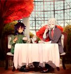  2boys adult afuro_terumi ai5108 blue_hair cake closed_eyes eating food formal inazuma_eleven_(series) inazuma_eleven_go kishibe_taiga long_hair male multicolored_hair multiple_boys necktie open_mouth purple_hair red_eyes sitting suit table tea tree two-tone_hair 