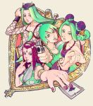  1boy 3girls absurdres black_hair braid double_bun drinking foo_fighters green_hair hairlocs hat hermes_costello highres kuujou_jolyne lipstick_mark marilynmari multiple_girls nail_polish narciso_anasui pointing purple_hair short_hair sticker 