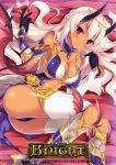  1girl bare_shoulders blush breasts cleavage cup demon_girl gloves horns kaho_okashii long_hair looking_at_viewer lying on_side original pink_eyes pointy_ears shiny shiny_skin smile solo tail tan thigh-highs tiara white_hair wine_glass 