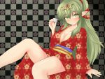  1girl adult blush breasts chiki cleavage cup fire_emblem fire_emblem:_kakusei floral_print green_eyes green_hair hair_ornament hair_ribbon japanese_clothes kimono long_hair midorino_ryuusei no_bra pointy_ears ponytail ribbon smile solo 