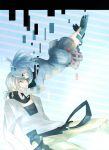  1boy 1girl blue_eyes blue_hair closed_eyes digital_dissolve ene_(kagepuro_project) facial_mark floating kagepuro_project original thigh-highs track_jacket twintails upside-down white_hair 