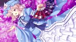  1girl asazuki_kanai cherry_blossoms dress dutch_angle fan folding_fan hat long_sleeves open_mouth petals pink_hair saigyouji_yuyuko smile touhou triangular_headpiece violet_eyes 