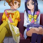  2girls bag blue_hair brown_eyes brown_hair choker crossed_legs dokidoki!_precure haruyama hishikawa_rikka kneehighs long_hair multiple_girls pantyhose precure school_uniform short_hair sitting yotsuba_alice 