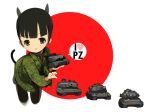  1girl animal_ears black_hair brown_eyes caterpillar_tracks heart japanese_flag looking_at_viewer military military_uniform military_vehicle open_mouth original speech_bubble tail tank type_10 ueda_hashigo uniform vehicle 