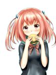  bow breasts food hair_ornament hairclip hamburger hataraku_maou-sama! red_eyes redhead sasaki_chiho twintails 