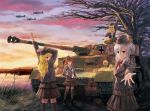  4girls airplane artist_name blonde_hair blue_eyes bow brown_eyes brown_hair caterpillar_tracks cattail clouds dandyminus dated hair_ornament hairclip hands_in_pockets hat headset iron_cross lake landscape long_hair looking_over_shoulder military military_uniform military_vehicle multiple_girls necktie original outstretched_hand panzerkampfwagen_iv plant scenery silver_hair skirt sky smile soldier sunset tank thigh-highs uniform vehicle water world_war_ii 