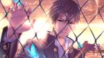  1boy 1girl 2d blurry brown_eyes brown_hair butterfly chain-link_fence depth_of_field fence gakuran grand_piano instrument lens_flare looking_at_viewer original piano school_uniform twilight vocaloid 