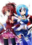  2girls bare_shoulders blue_eyes blue_hair bow cape detached_sleeves dress feathers gloves hair_bow highres light_particles locked_arms long_hair magical_girl mahou_shoujo_madoka_magica miki_sayaka multiple_girls open_mouth ponytail red_dress red_eyes redhead sakura_kyouko short_hair simple_background soul_gem thigh-highs white_background yuuhi_alpha zettai_ryouiki 