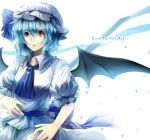  1girl ascot bat_wings blue_hair brooch fuuna_(conclusion) hat hat_ribbon highres jewelry puffy_sleeves red_eyes remilia_scarlet ribbon shirt short_sleeves skirt skirt_set solo touhou wings 