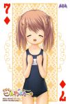  arizuki_shiina brown_hair card card_(medium) child closed_eyes kud_wafter little_busters!! long_hair na-ga playing_card quad_tails scan school_swimsuit smile swimsuit 
