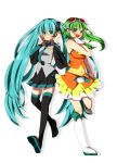 2girls aqua_eyes aqua_hair belt boots detached_sleeves goggles goggles_on_head green_eyes green_hair gumi harusawa hatsune_miku headphones headset knee_boots long_hair multiple_girls necktie open_mouth skirt smile thigh-highs thigh_boots twintails very_long_hair vocaloid white_background wrist_cuffs 