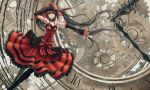  1girl black_hair breasts choker cleavage collarbone cross-laced_footwear date_a_live frills hairband heterochromia highres lolita_fashion lolita_hairband long_hair red_eyes solo tokisaki_kurumi twintails very_long_hair yellow_eyes zhouran 