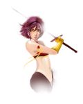  1girl armlet cutie_honey cutie_honey_(character) elbow_gloves gloves green_eyes hairband halter_top halterneck heart highres kisaragi_honey lips magical_girl muju navel no_legs nose purple_hair re:_cutie_honey rough short_hair solo sword weapon 