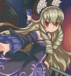  1girl :&lt; animal_ears bat bow demon_girl detached_sleeves dress fake_animal_ears flat_chest gothic_lolita hairband light_brown_hair lolita_fashion long_hair looking_at_viewer luca_jarjevna_vinocour mawaru_(mawaru) pointy_ears red_eyes ringlets solo trouble_witches trouble_witches_neo very_long_hair wings 