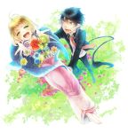  1girl ao_no_exorcist barefoot blonde_hair blush bob_cut fang feet flower formal grass hair_flower hair_ornament happy holding japanese_clothes kimono moriyama_shiemi nature necktie okumura_rin pointy_ears short_hair smile suit tail tsukudato 