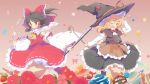  2girls blonde_hair braid brown_eyes brown_hair detached_sleeves flower frills hair_ribbon hair_tubes hakurei_reimu hat hat_ribbon kirisame_marisa multiple_girls ribbon rod side_braid torii touhou watase_rei wink witch_hat yellow_eyes 