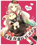  1girl axe blonde_hair bow doll dress elbow_gloves gloves hair_ornament heart kneehighs lolita_fashion long_hair looking_at_viewer mayu_(vocaloid) piano_print ribbon smile stuffed_animal stuffed_toy vocaloid weapon wrt_(arpaca) yellow_eyes 