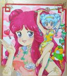  2girls 80s blue_eyes blue_hair braid cat china_dress chinese_clothes creature double_bun dual_persona gera_gera_(persia) hairband heart long_hair mahou_no_yousei_persia meso_meso_(persia) mikiky multiple_girls oldschool persia pink_hair puri_puri_(persia) shoes short_hair simba_(persia) smile standing_on_one_leg traditional_media twin_braids twintails wand 