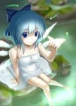  1girl alternate_costume bare_shoulders blue_eyes blue_hair butterfly casual cirno feet_in_water fireflies hair_ribbon highres ice ice_wings ribbon short_hair soaking_feet solo touhou unshu_mikan water wings 