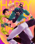  01rosso 2boys black_hair blonde_hair blue_eyes boots caesar_anthonio_zeppeli dancing dated facial_mark fingerless_gloves gloves green_eyes headband jojo_no_kimyou_na_bouken joseph_joestar_(young) midriff multiple_boys scarf 