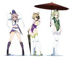  3girls :d alternate_costume arms_up black_eyes blush boots brown_eyes brown_hair clothed_navel cross-laced_footwear detached_sleeves green_hair grey_hair hand_on_thigh hat headset high_heels hyouju_issei lace-up_boots long_sleeves looking_at_viewer midriff mononobe_no_futo multiple_girls navel one-piece_swimsuit oriental_umbrella ponytail racequeen red_eyes shoes short_hair simple_background smile soga_no_tojiko swimsuit tate_eboshi thigh-highs thigh_boots touhou toyosatomimi_no_miko umbrella white_background 