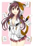  1girl adult animal_costume breasts cat_costume cleavage hands_in_pockets hat hat_with_ears large_breasts long_hair long_sleeves looking_at_viewer mahjong miyanaga_saki open_mouth purple_hair saki smile solo umekichi unzipped v_arms violet_eyes 