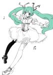  1girl aqua_eyes aqua_hair corset dress hatsune_miku long_hair monochrome musical_note open_mouth simple_background sketch solo spot_color thigh-highs tobi_(one) twintails vocaloid white_background 