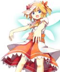  1girl ascot blouse blue_eyes fairy_wings fang gradient gradient_background hair_ribbon hayaneko_(ceceragi) headdress highres looking_at_viewer ofuda open_mouth orange_hair outstretched_arms ribbon short_hair short_sleeves simple_background skirt solo sunny_milk touhou twintails wings zombie_pose 