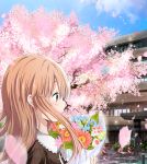  1boy 1girl blonde_hair blue_eyes blush bouquet cherry_blossoms flower jacket long_hair looking_at_another original ragho_no_erika tree wind 