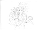  abs amazon_(dragon&#039;s_crown) axe breasts cleavage dragon&#039;s_crown long_hair monochrome muscle sketch solo weapon 