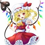  1girl ascot blonde_hair bloomers blush crystal fangs flandre_scarlet hat hotori_(sion) laevatein lips open_mouth puffy_sleeves red_eyes ribbon short_hair short_sleeves side_ponytail skirt smile solo touhou underwear vest white_background wings 