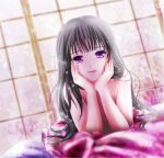  1girl black_hair dutch_angle head_rest houraisan_kaguya light_particles light_smile lips long_hair looking_at_viewer lying on_bed on_stomach sliding_doors solo topless touhou tsukiori_sasa violet_eyes 