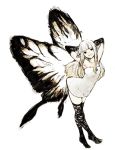  1girl aerie_(bravely_default) antennae arms_up black_legwear bravely_default:_flying_fairy butterfly_wings dress elbow_gloves fairy gloves grin leaning_forward long_hair penta5 pointy_ears smile solo strapless_dress thigh-highs white_hair wings 