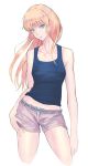  1girl bare_shoulders belt blonde_hair blue_eyes hand_on_hip hidezi long_hair looking_at_viewer original short_shorts shorts simple_background smile solo tank_top white_background 