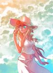  1girl aqua_eyes blind blonde_hair bow breasts casual hair_bow hat katawa_shoujo large_breasts long_hair long_skirt midriff navel rtil satou_lilly skirt solo sun_hat sunset 