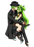 1boy 1girl alternate_color alternate_eye_color alternate_hair_color artist_request background blazblue bow fedora fingerless_gloves gloves green_hair hair_bow hairband hat hazama heart heart-shaped_pupils highres long_hair low-tied_long_hair male necktie platinum_the_trinity quad_tails ribbon simple_background sitting sitting_on_lap sitting_on_person skirt smile symbol-shaped_pupils two_side_up very_long_hair white_background yellow_eyes 