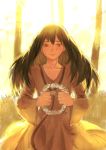  1girl absurdres black_hair character_request crying crying_with_eyes_open dress fate/extra fate/extra_ccc fate_(series) highres long_hair solo sunset tears west_(monicabeillschmidt) wreath 