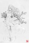  1girl barefoot closed_eyes dress graphite_(medium) long_hair mishima_reika monochrome neck_ribbon rahxephon ribbon ripples solo traditional_media wind xi-tsune 